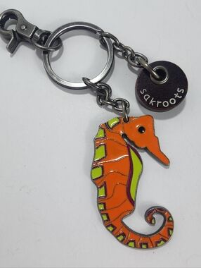 Sakroots Seahorse Keychain Orange Enamel Pewter Tone Clip Ring Boho Coastal